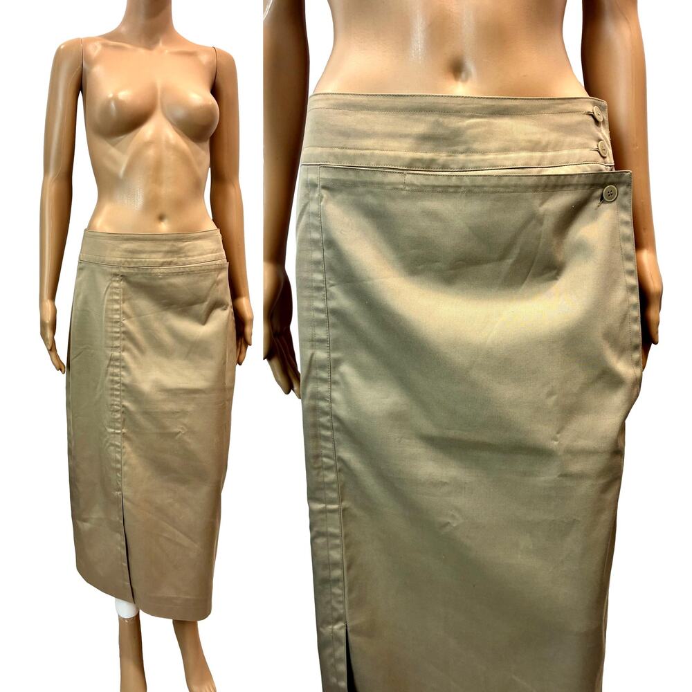 Vintage Khaki Wrap Midi Skirt 70s Safari Style by Giorgio Sant’Angelo